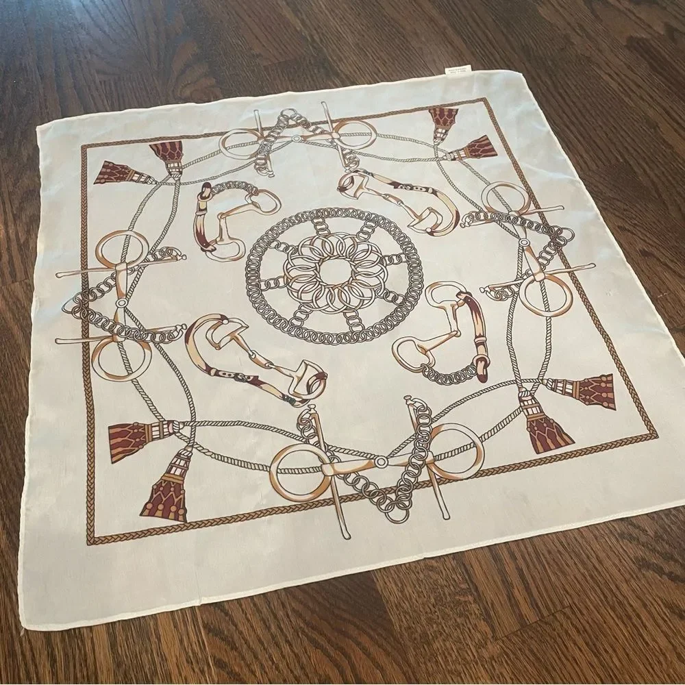 White & Tan Equestrian Printed Square Scarf Kerchief